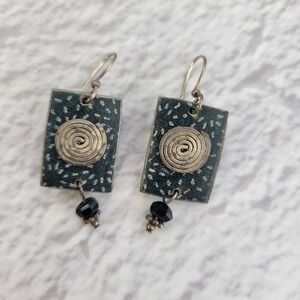Artisan Mixed Media Spiral Rectangle Drop Earrings Black Bead Dangle Boho Silver